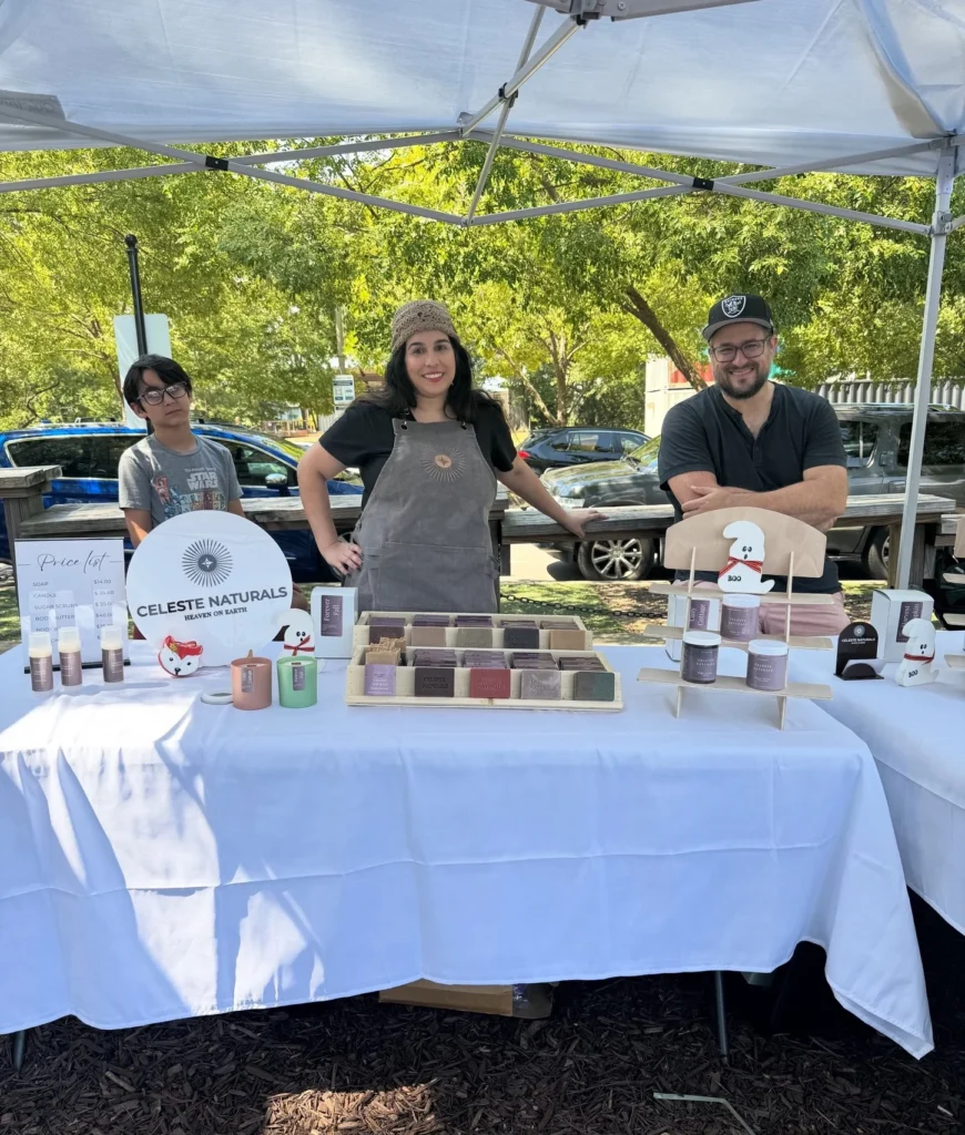 Celeste Naturals' first farmers market table in September 2025, proof that done is better than perfect.
