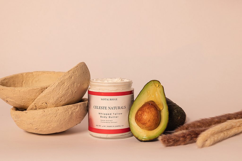 Celeste Naturals Santal Rouge Body Butter styled for a product photo shoot.